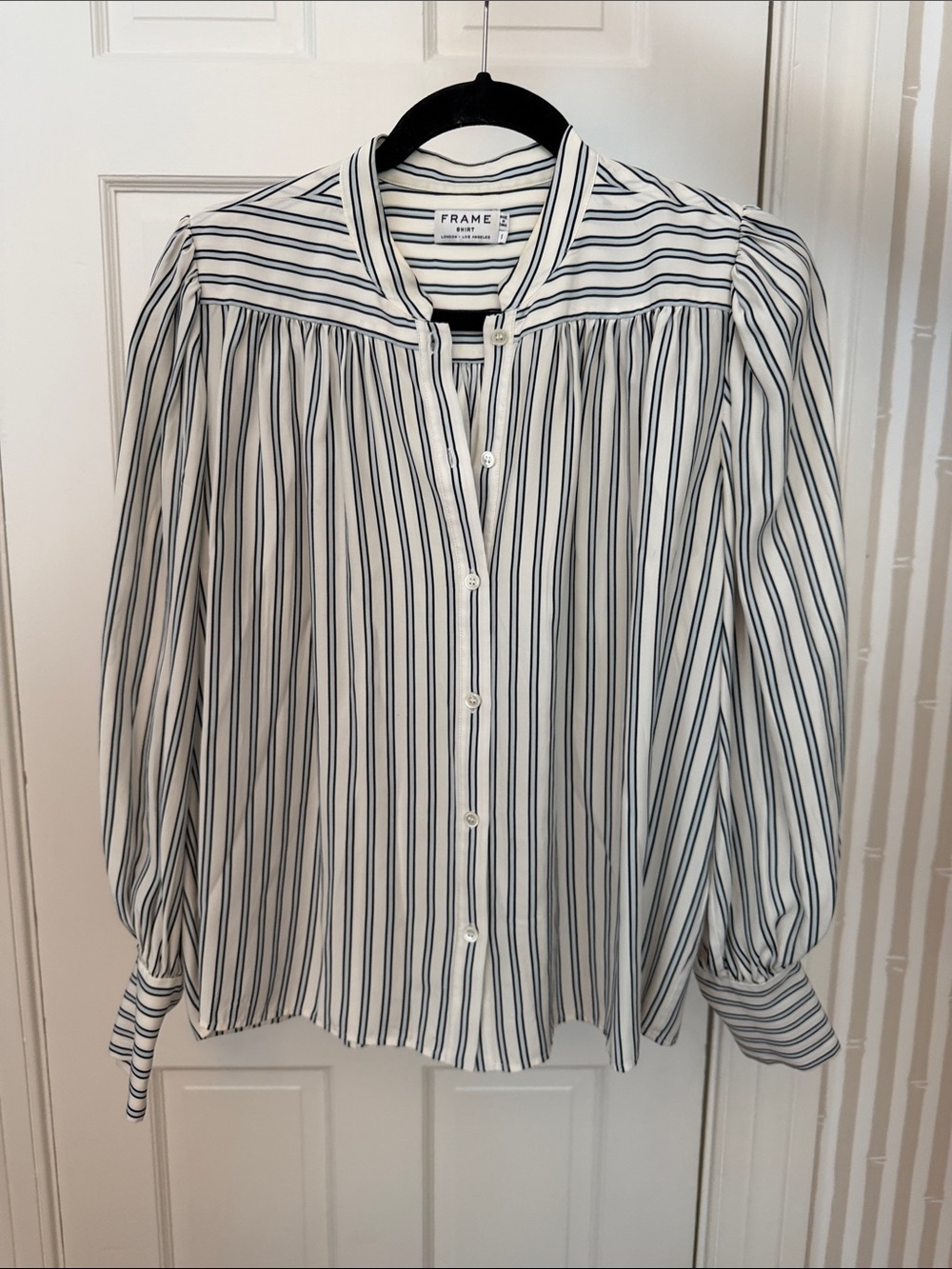 Frame Denim Navy & White Striped Button-Down Blouse